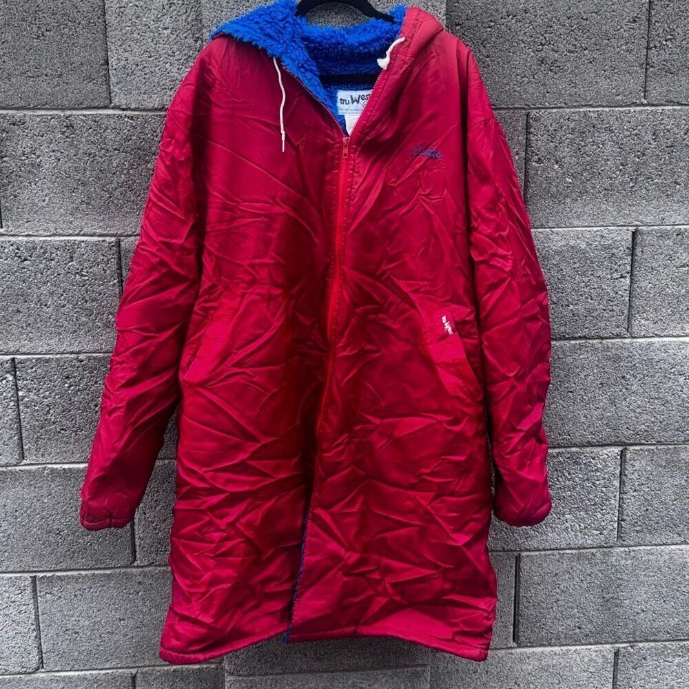 Red Varsity-Style Hooded Coat with Blue Sherpa Lining